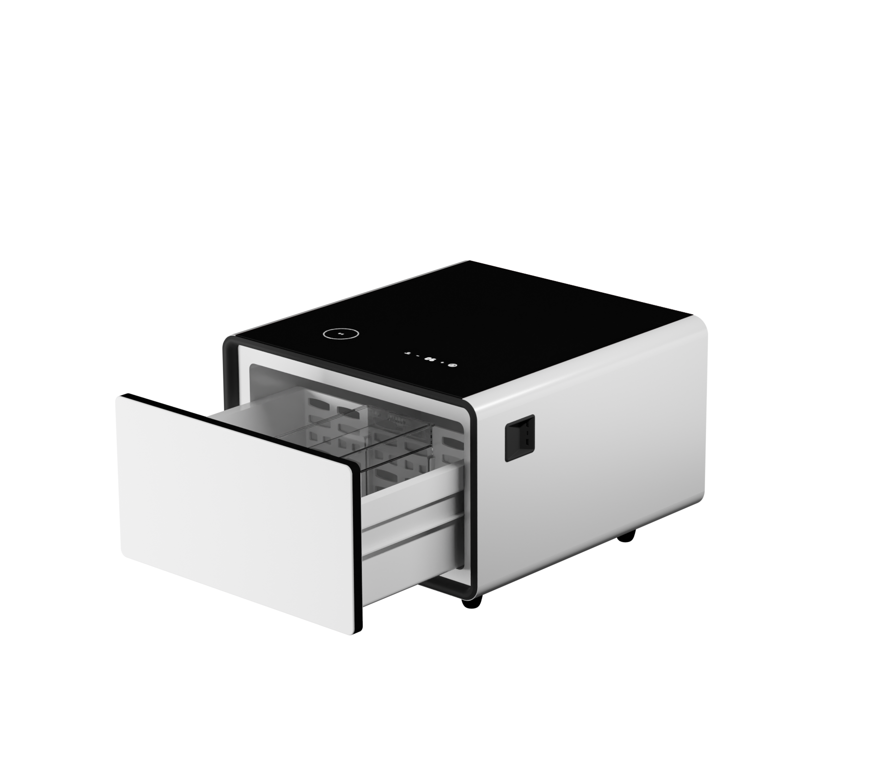 Livtab LT60 Smart Nightstand with Fridge, A 27-inch smart nightstand with a fridge drawer, digital panel on top, and a removable drawer front.
